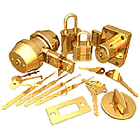 Cluster of brass house keys and a keyed padlock on a workbench